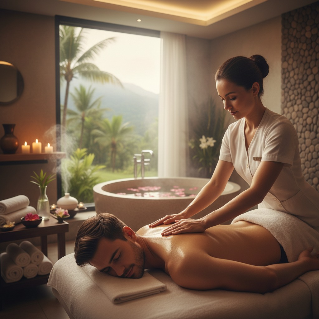 A massage therapist in a white tunic gives a man a back massage in a spa overlooking a tropical landscape.