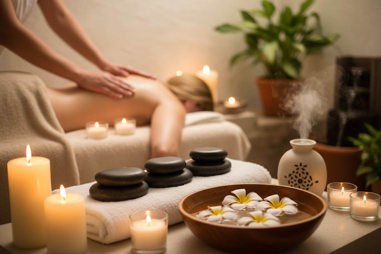 A therapist gives a back massage in a spa room with lit candles, stacked stones, and a bowl of floating flowers.