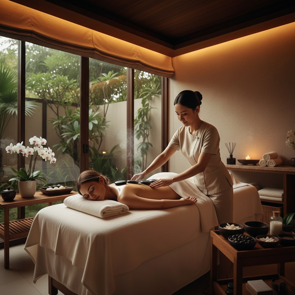 A massage therapist applies hot stones to the back of a client lying face down on a treatment table in a serene spa room with large windows overlooking a lush garden.