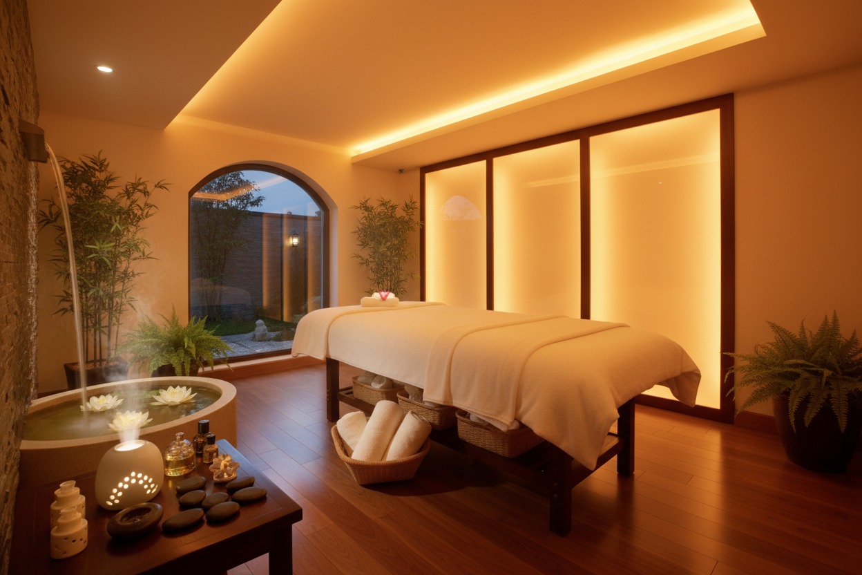 A dimly lit massage room features a cushioned table, a water feature with floating flowers, and a small table with essential oils and stones.