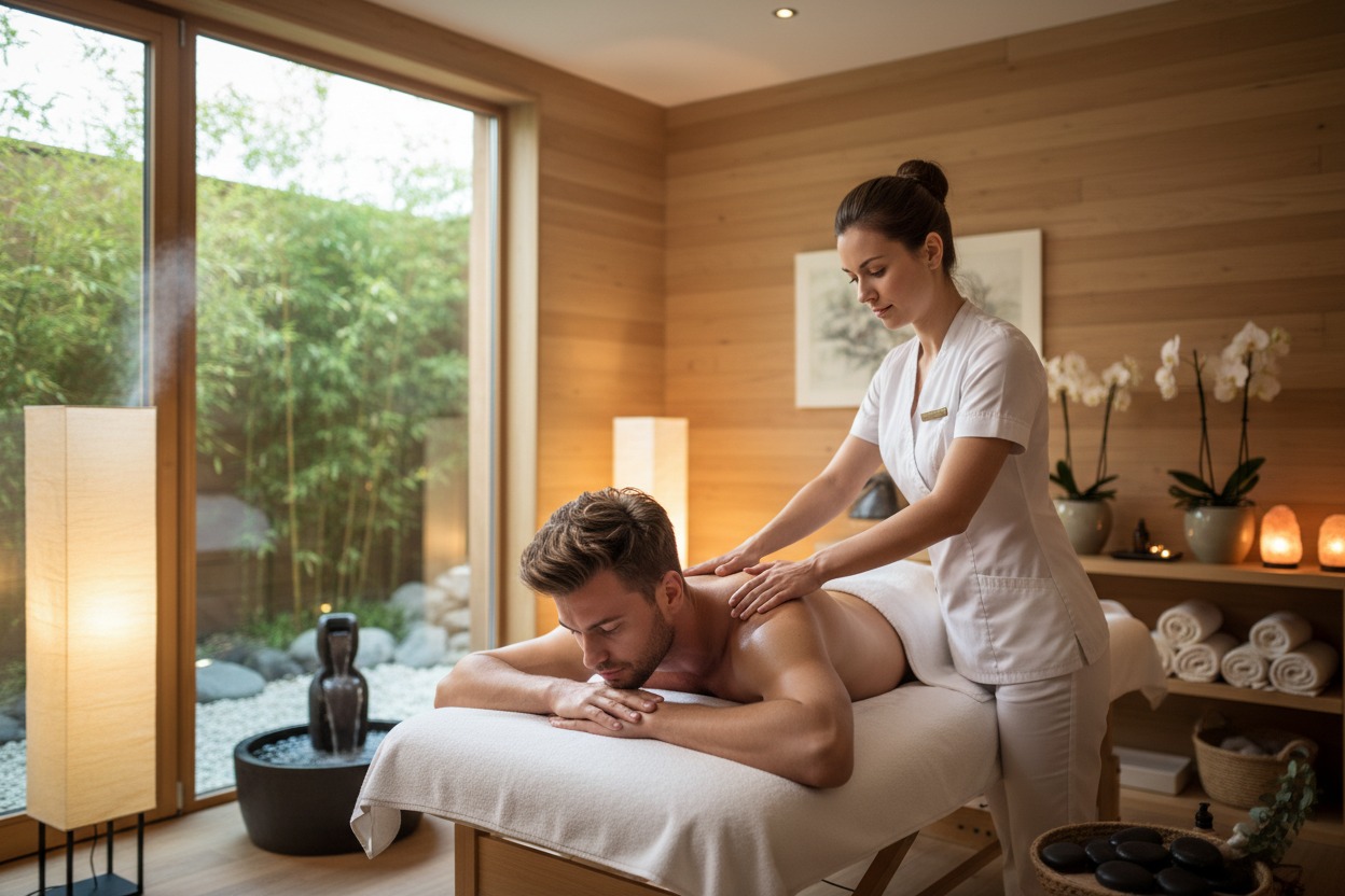 A massage therapist gently works on a man's shoulders while he lies face down on a massage table in a spa room.