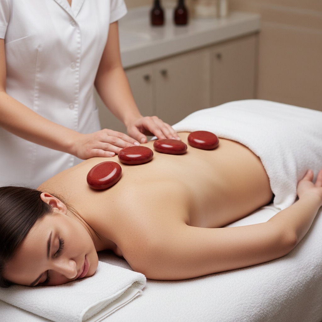 A massage therapist places smooth, warm red stones along a client's back on a spa table.