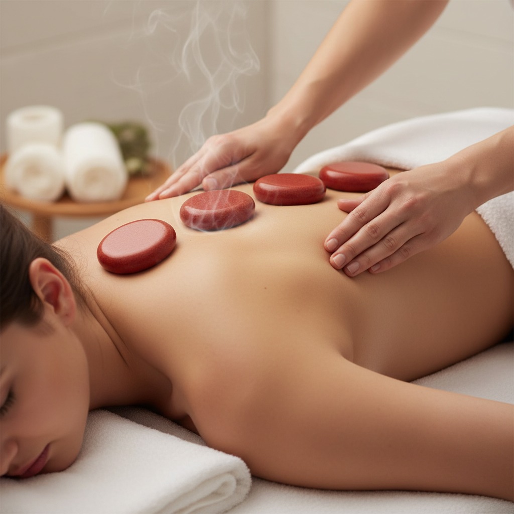 A massage therapist places steaming hot red stones along the back of a client lying on a spa table.