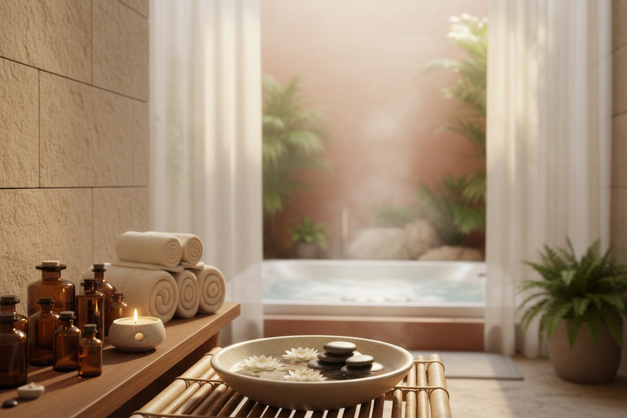 A spa setting features amber glass bottles, rolled towels, a lit candle, and a water bowl with floating flowers and stones, with a steaming hot tub and tropical plants visible in the background.